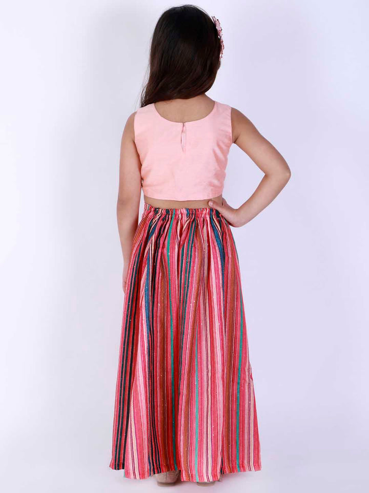 Vastramay Girl's Pink Striped Skirt With Pink Crop Top - qivii