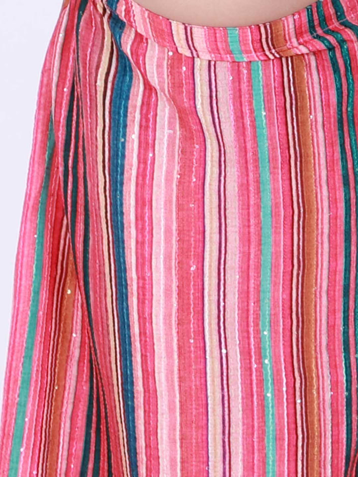 Vastramay Girl's Pink Striped Skirt With Pink Crop Top - qivii