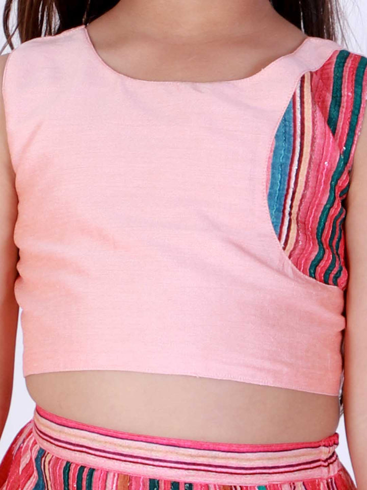 Vastramay Girl's Pink Striped Skirt With Pink Crop Top - qivii