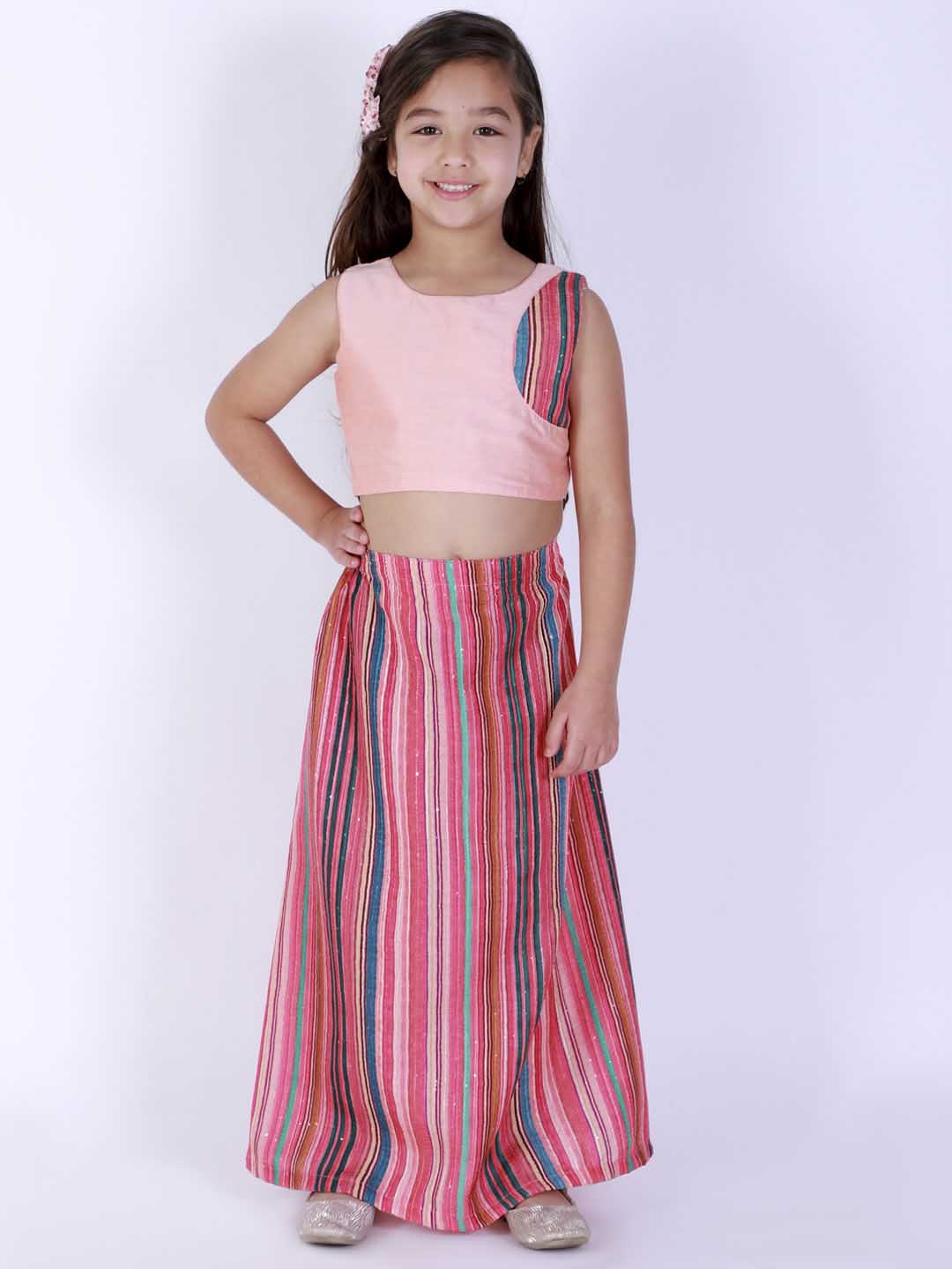 Vastramay Girl's Pink Striped Skirt With Pink Crop Top - qivii