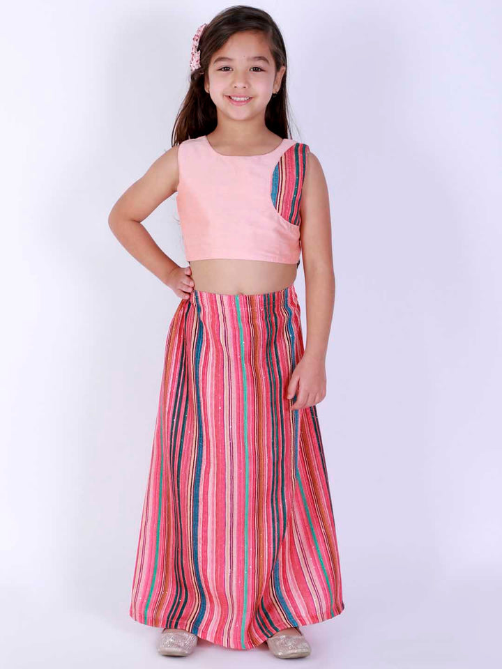 Vastramay Girl's Pink Striped Skirt With Pink Crop Top - qivii