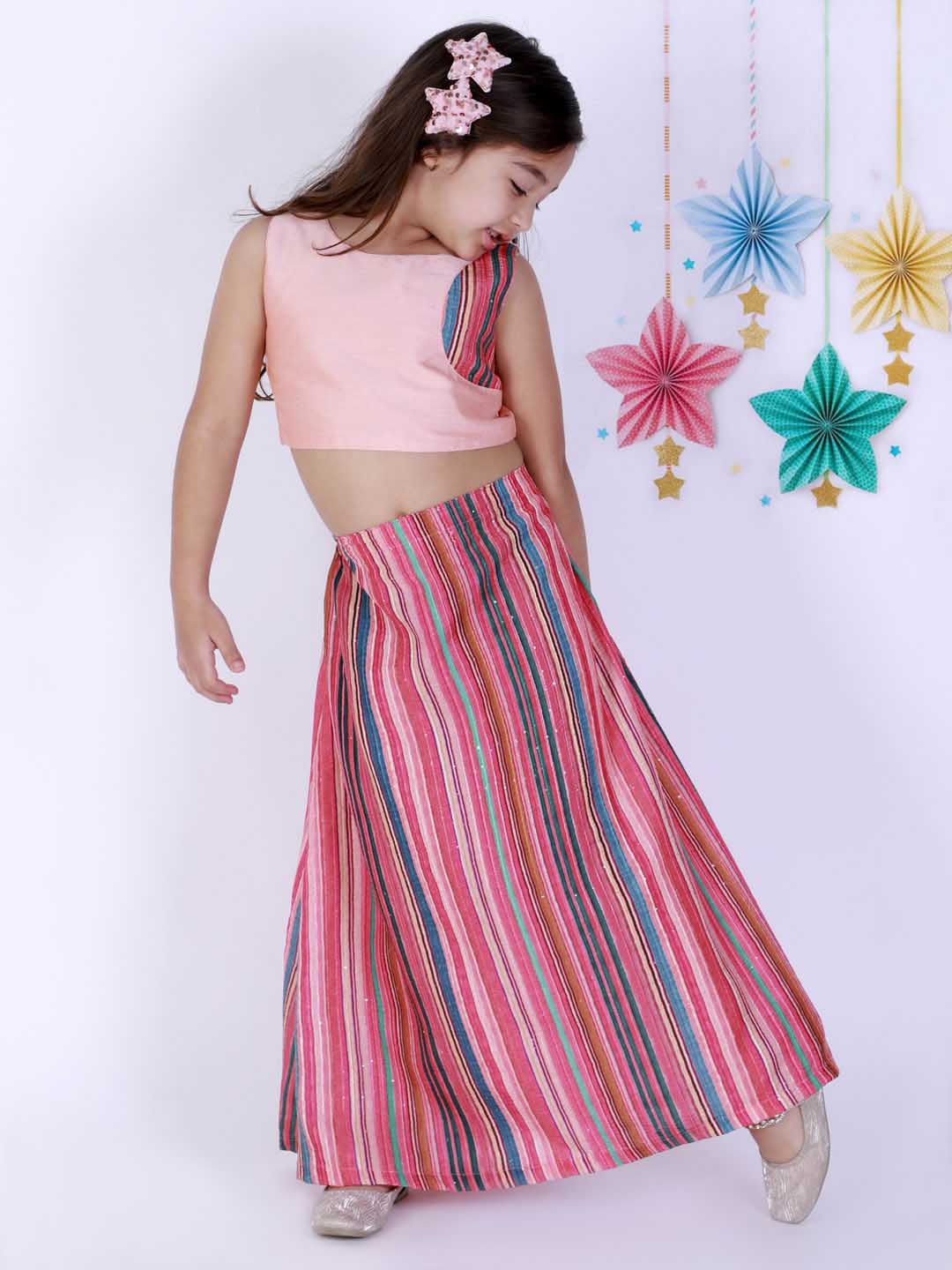 Vastramay Girl's Pink Striped Skirt With Pink Crop Top - qivii