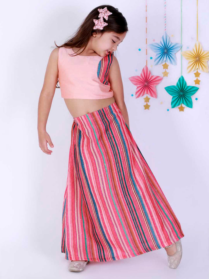Vastramay Girl's Pink Striped Skirt With Pink Crop Top - qivii