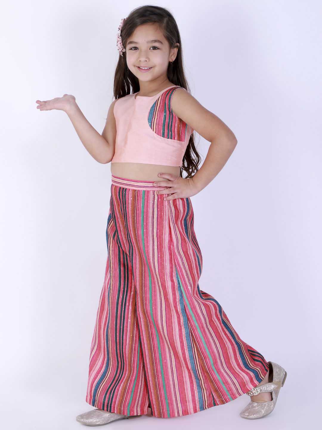 Vastramay Girl's Pink Striped Palazzo With Pink Crop Top - qivii