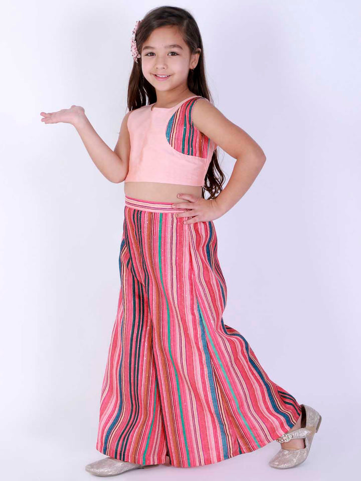 Vastramay Girl's Pink Striped Palazzo With Pink Crop Top - qivii