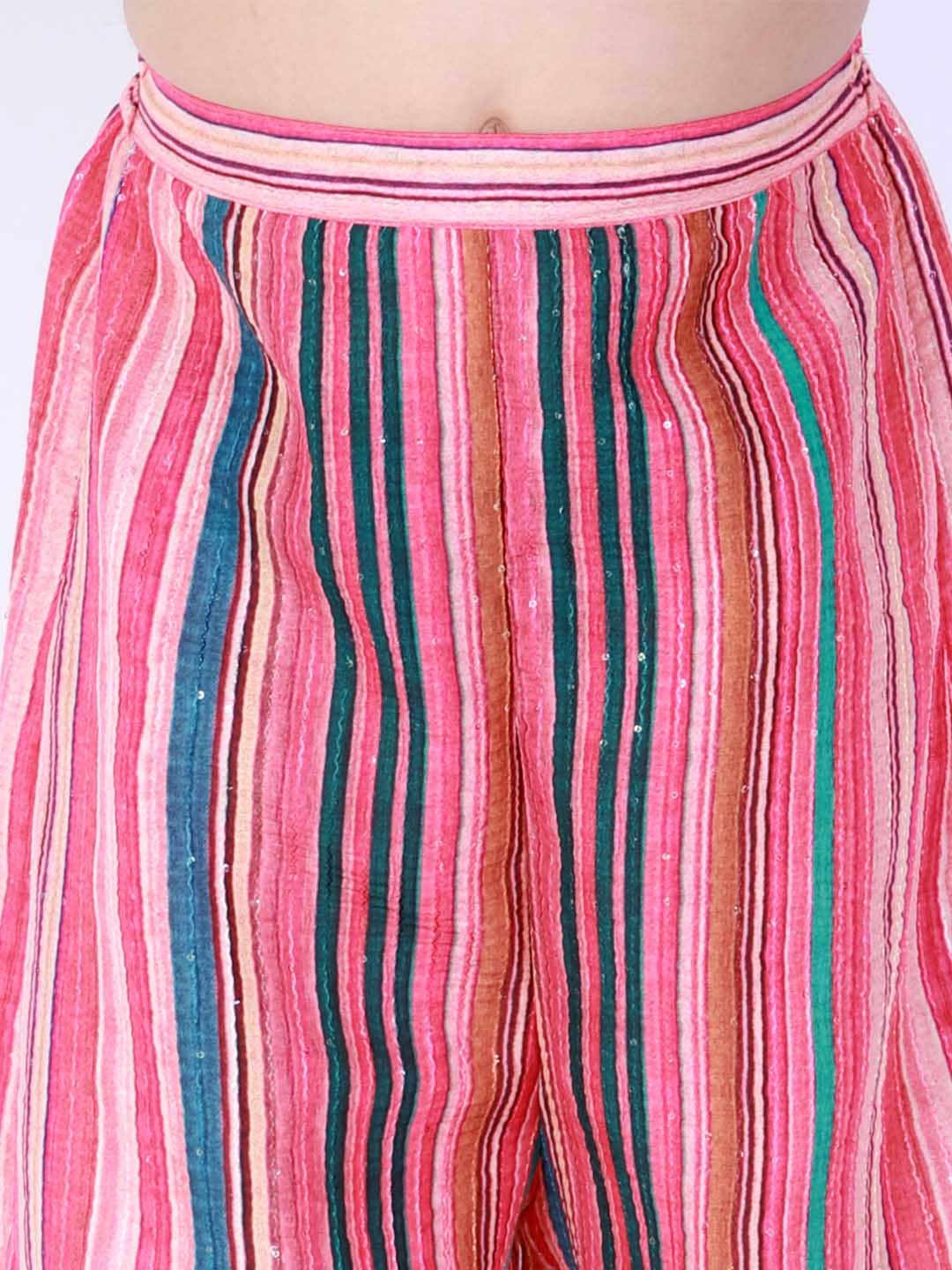 Vastramay Girl's Pink Striped Palazzo With Pink Crop Top - qivii