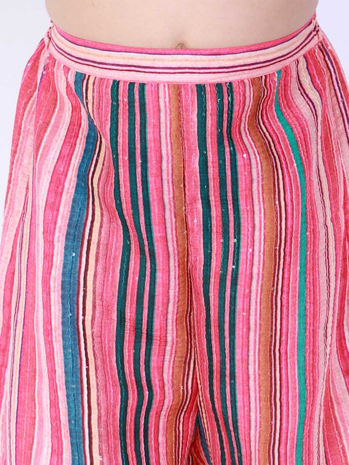 Vastramay Girl's Pink Striped Palazzo With Pink Crop Top - qivii