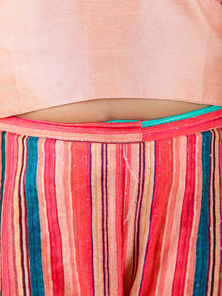 Vastramay Girl's Pink Striped Palazzo With Pink Crop Top - qivii