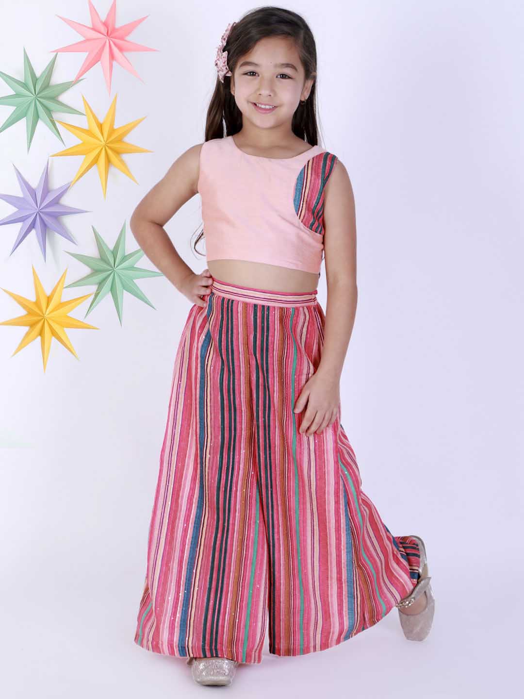 Vastramay Girl's Pink Striped Palazzo With Pink Crop Top - qivii