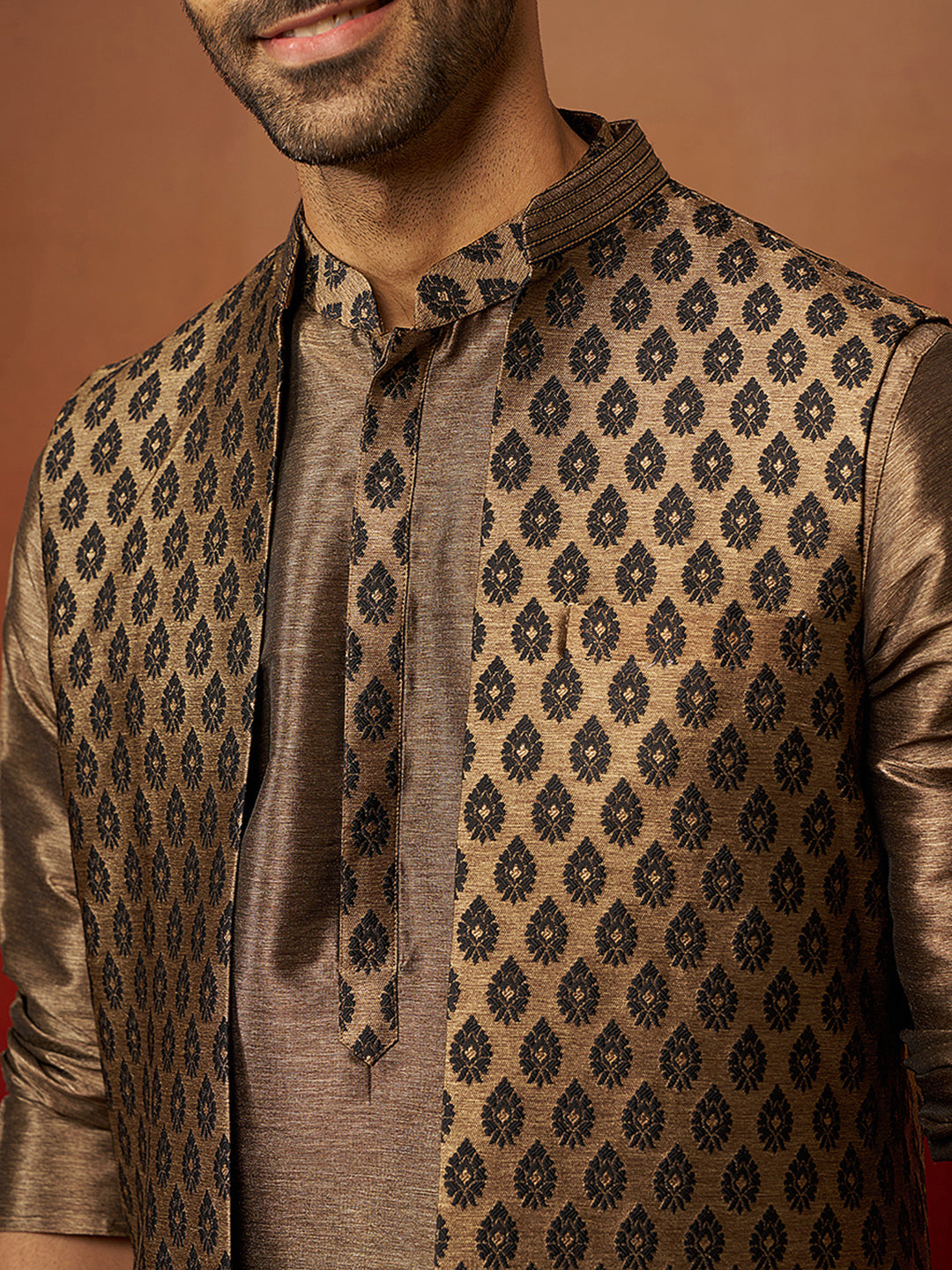 Men Bronze Black Silk 3-Piece Jacquard Set