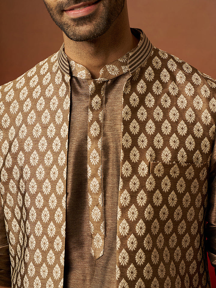 Men Bronze Gold Silk 3-Piece Jacquard Set