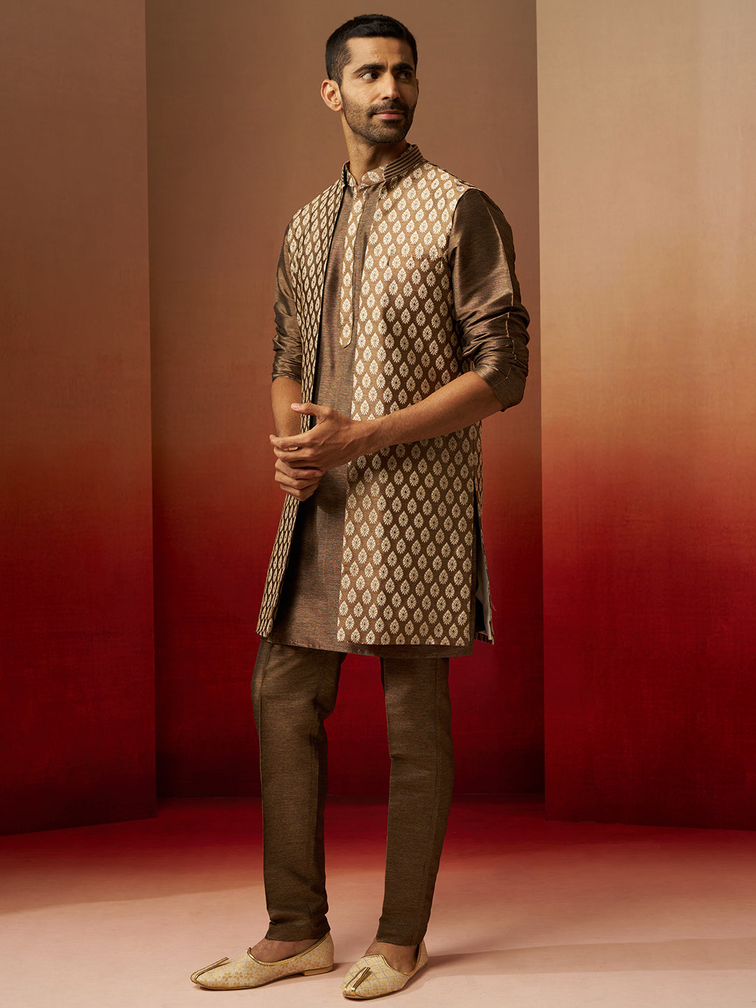 Men Bronze Gold Silk 3-Piece Jacquard Set