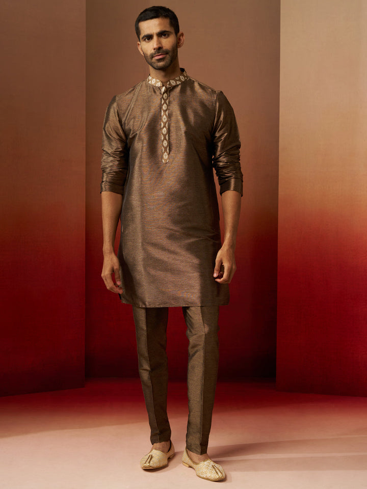 Men Bronze Gold Silk 3-Piece Jacquard Set