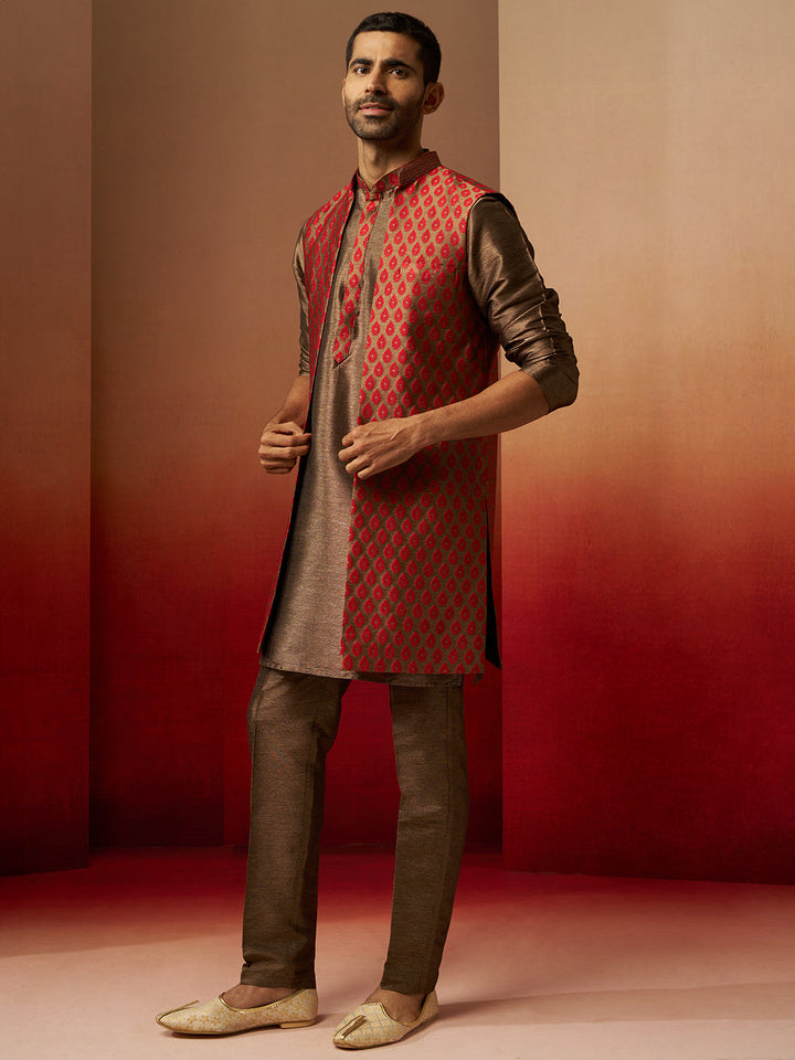 Men Bronze Maroon Silk 3-Piece Jacquard Set