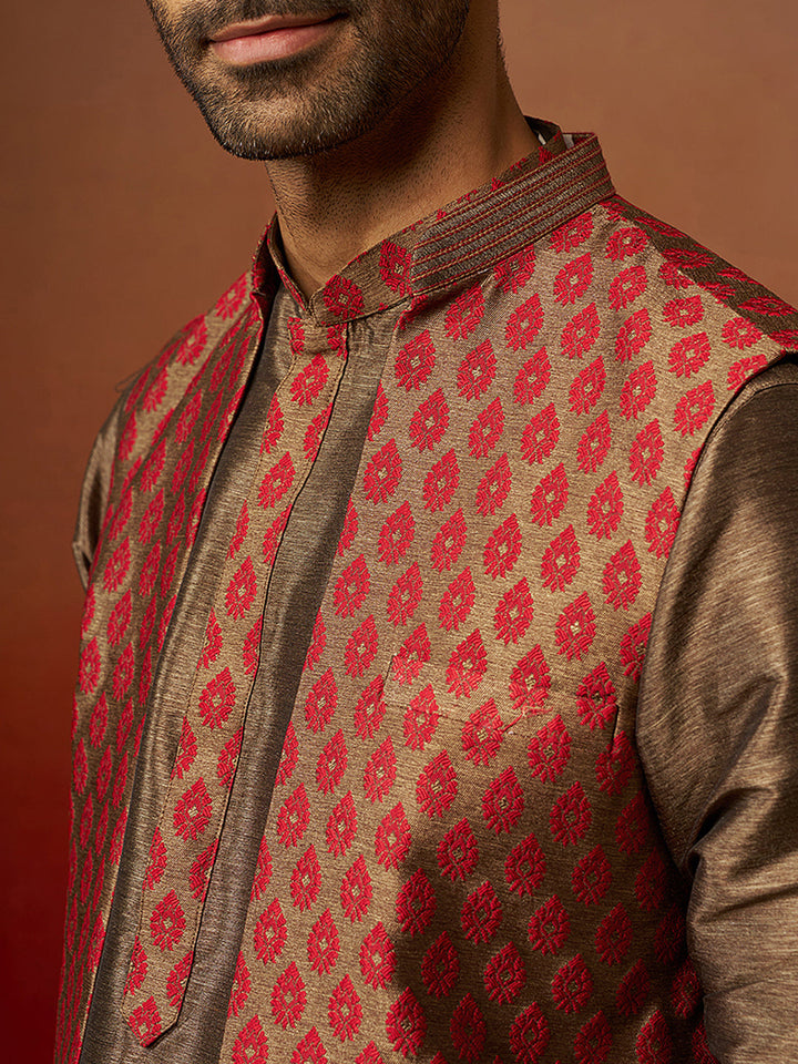Men Bronze Maroon Silk 3-Piece Jacquard Set