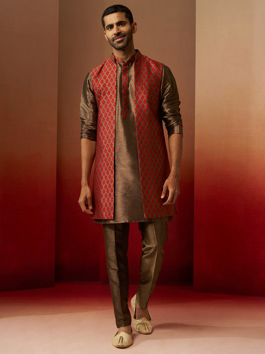 Men Bronze Maroon Silk 3-Piece Jacquard Set