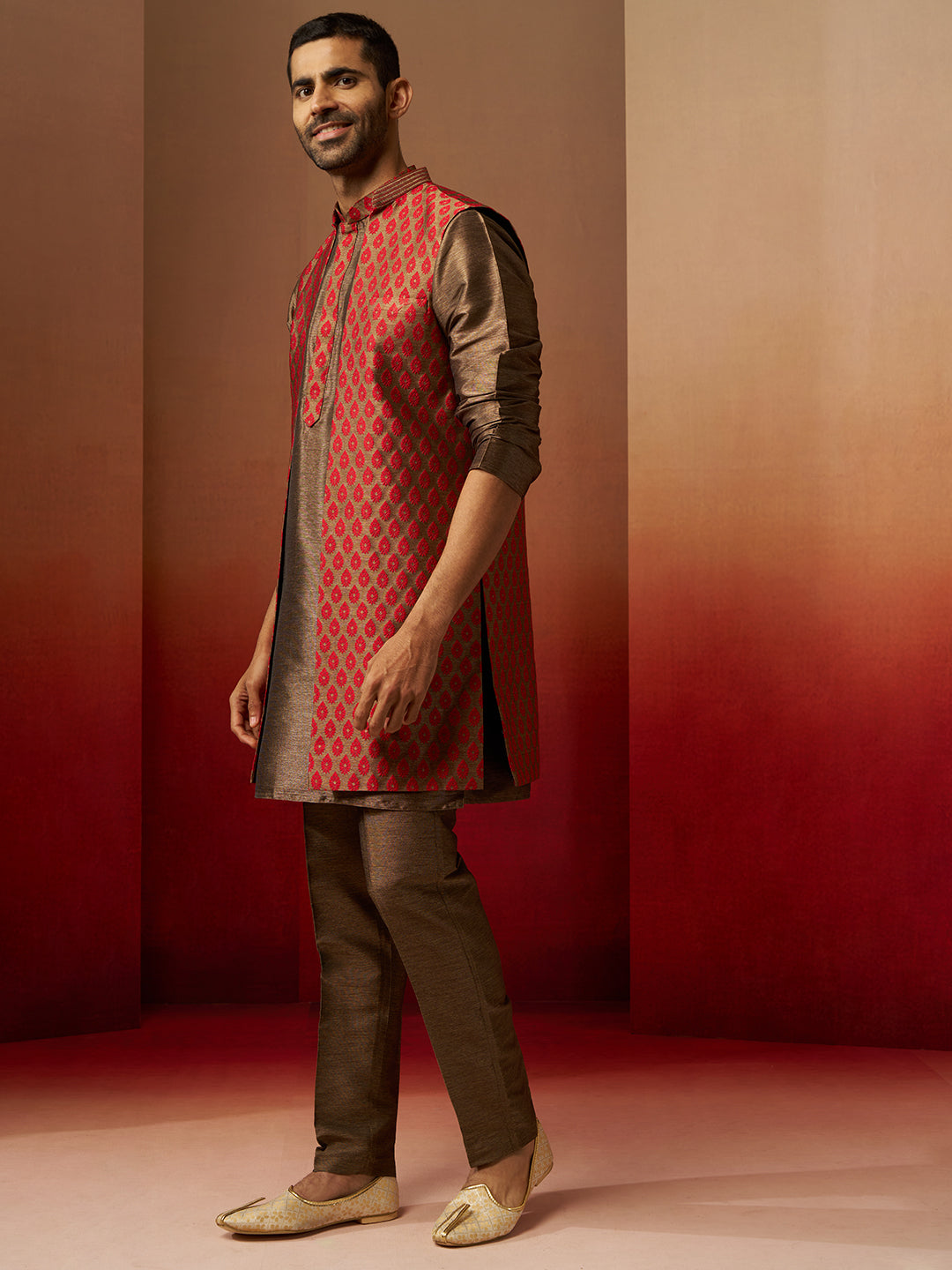 Men Bronze Maroon Silk 3-Piece Jacquard Set