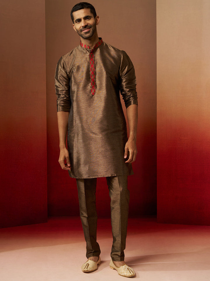 Men Bronze Maroon Silk 3-Piece Jacquard Set