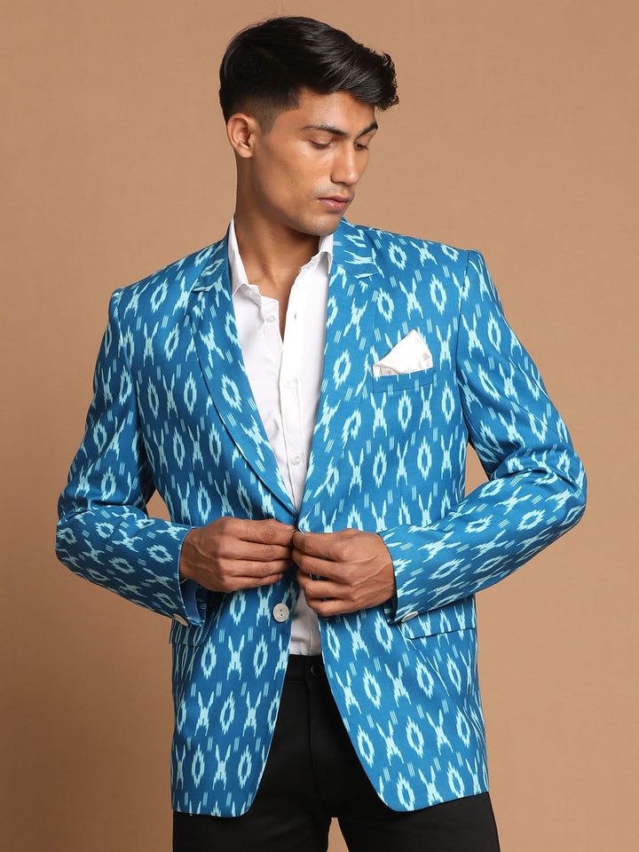 Men's Turquoise Blue Ikkat Print Blazer