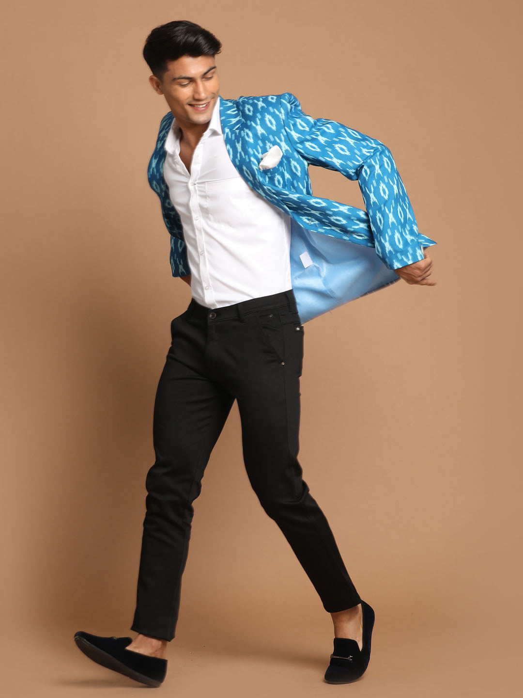 Men's Turquoise Blue Ikkat Print Blazer