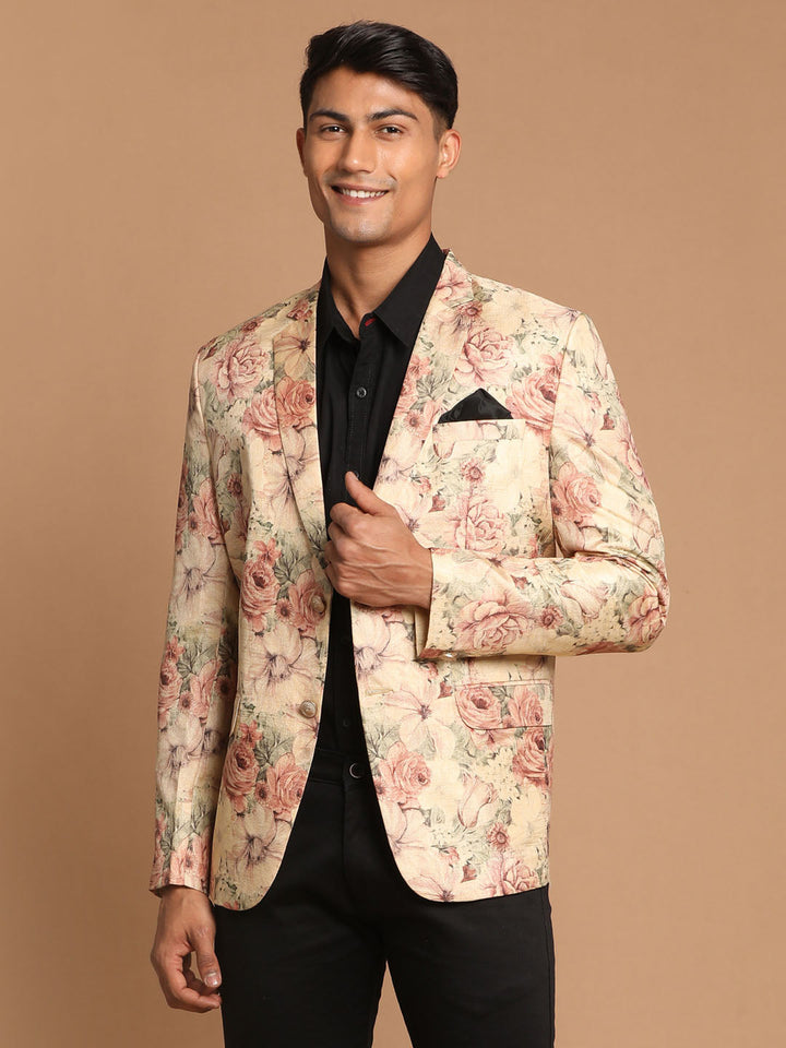 Men's Beige Silk Blend Floral Print Blazer