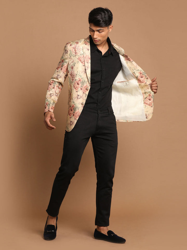 Men's Beige Silk Blend Floral Print Blazer
