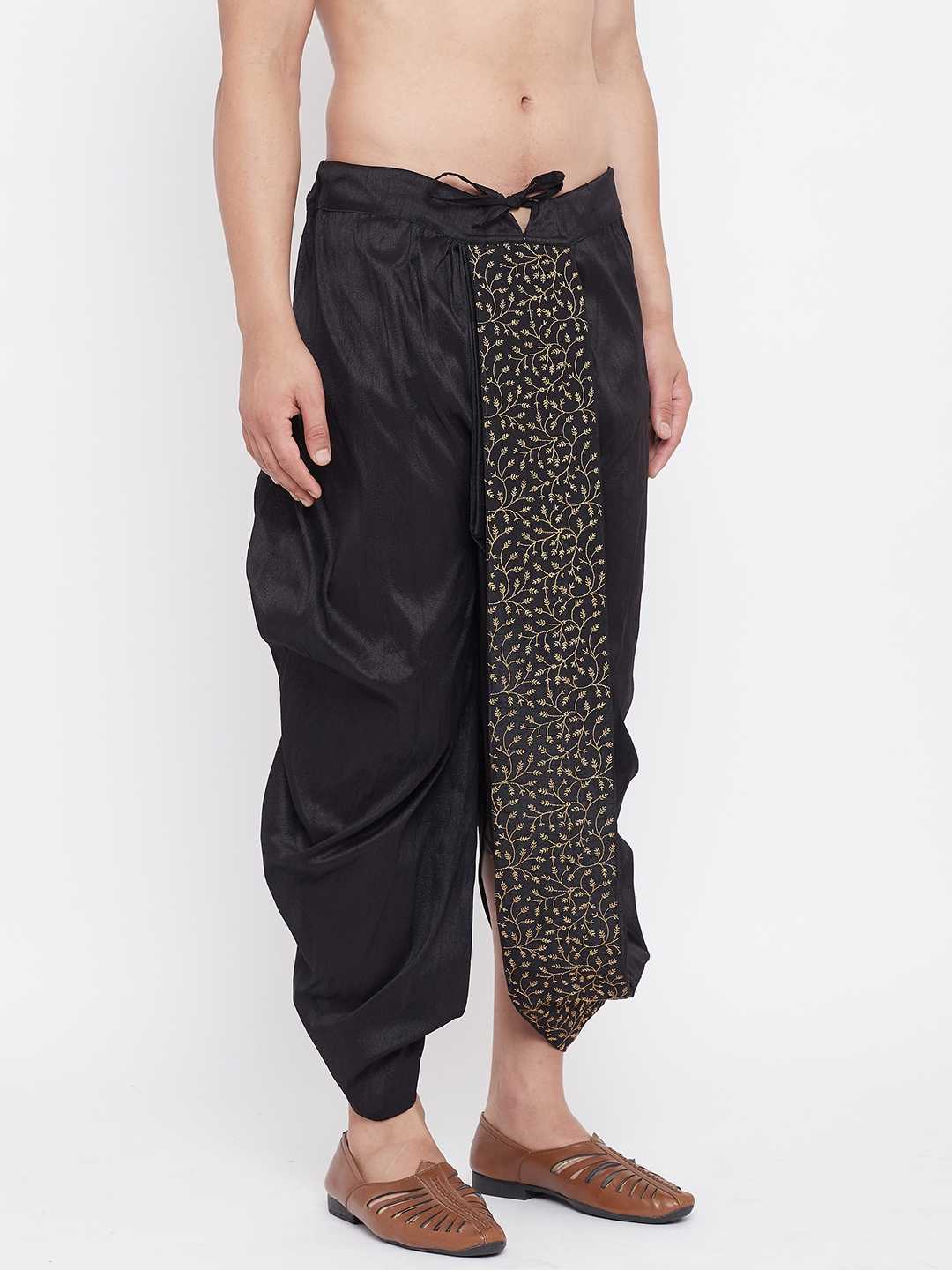 Men's Black Silk Blend Embroidered Dhoti