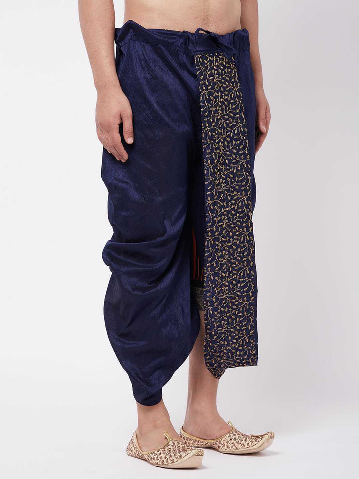 Men's Navy Blue Silk Blend Embroidered Dhoti