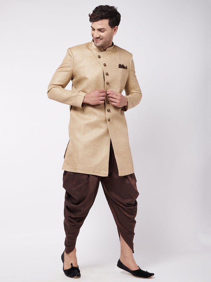 Men's Beige And Coffee Brown Jute Cotton Indo Western Set