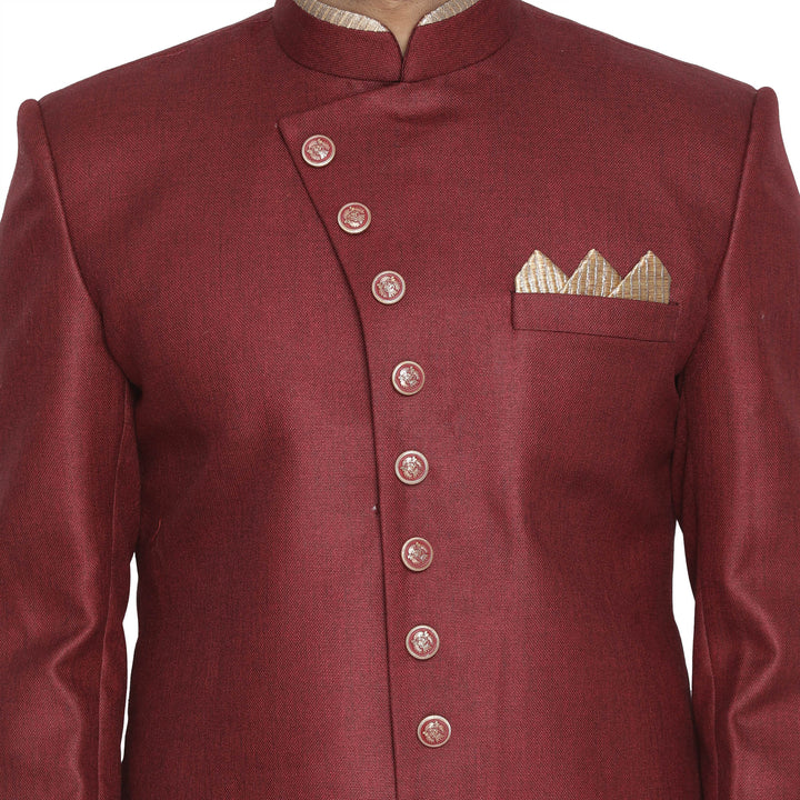 VASTRAMAY Men's Maroon Jute Cotton Blend Sherwani Set
