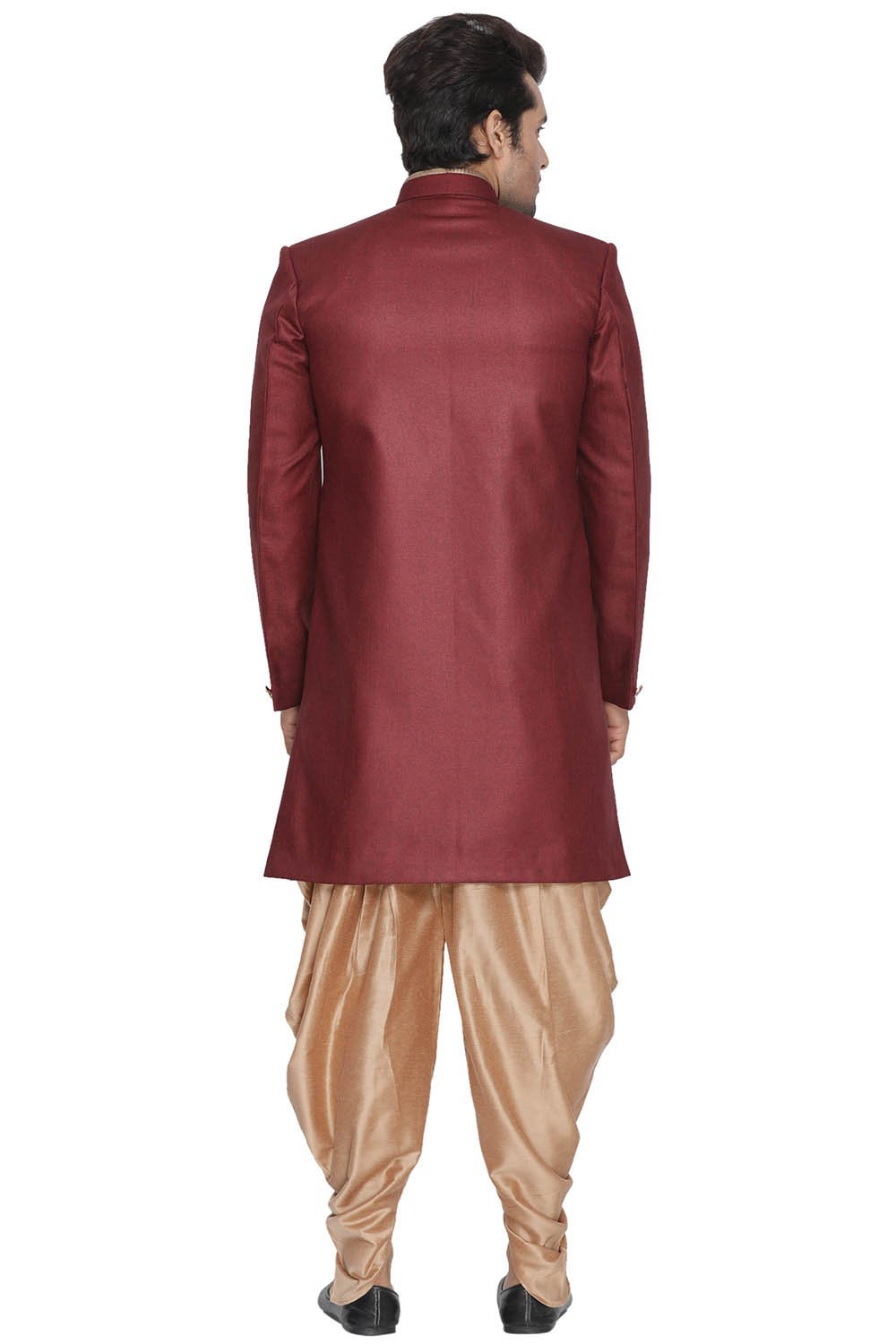 VASTRAMAY Men's Maroon Jute Cotton Blend Sherwani Set