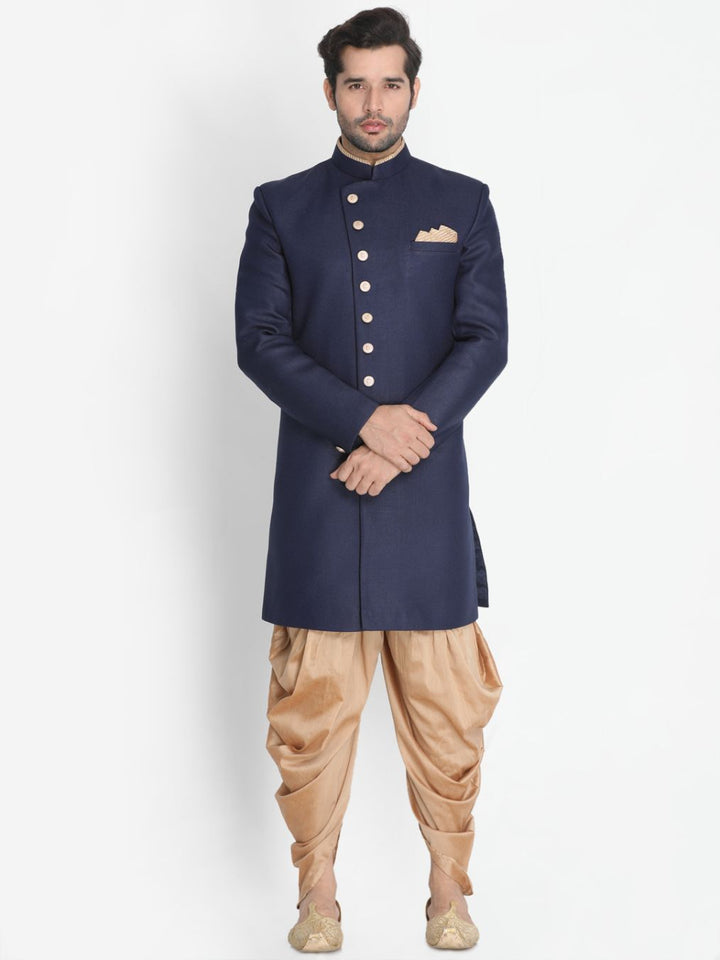 VASTRAMAY Men's Dark Blue Silk Blend Sherwani Set