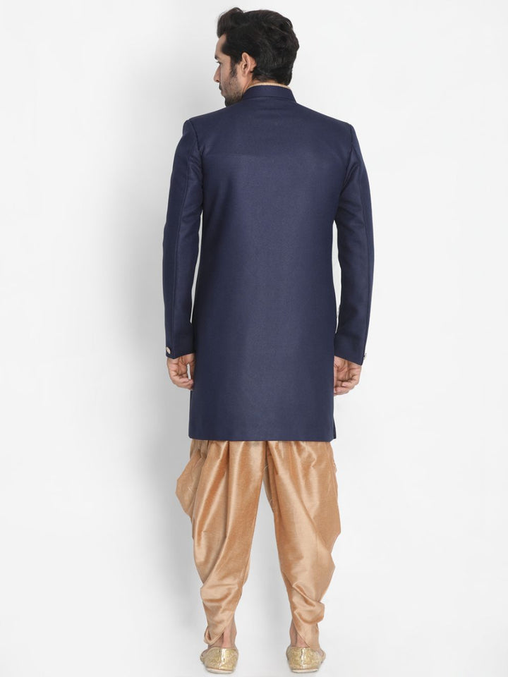 VASTRAMAY Men's Dark Blue Silk Blend Sherwani Set