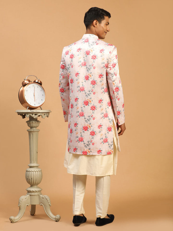 Men's Multicolor Base Peach Silk Blend Sherwani With Kurta Pant Set