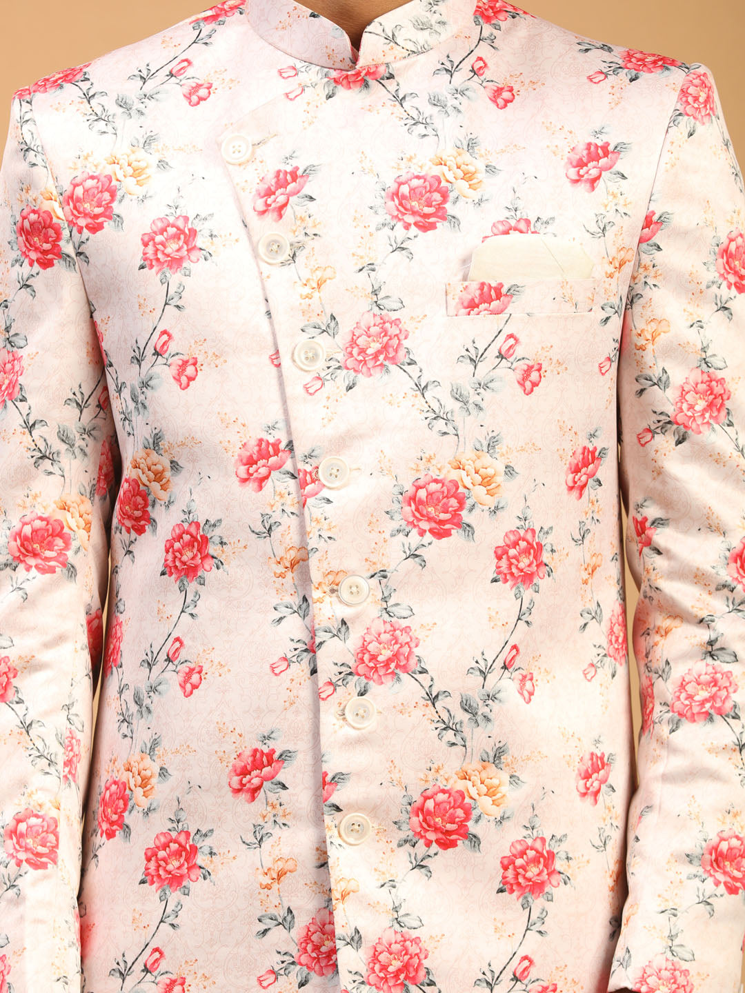 Men's Multicolor Base Peach Silk Blend Sherwani With Kurta Pant Set