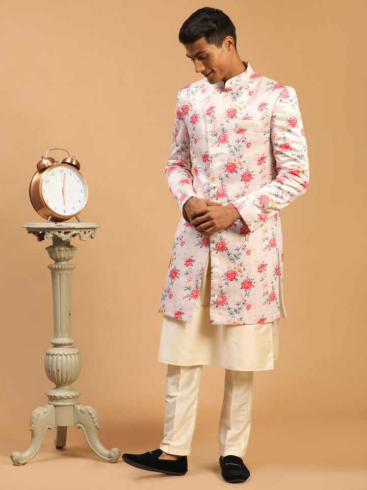 Men's Multicolor Base Peach Silk Blend Sherwani With Kurta Pant Set