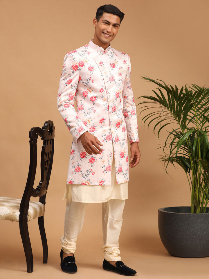 Men's Multicolor Base Peach Silk Blend Sherwani With Kurta Pyjama Set