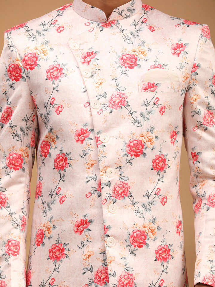 Men's Multicolor Base Peach Silk Blend Sherwani With Kurta Pyjama Set