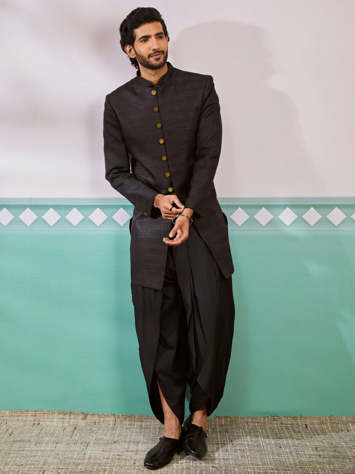 Men's Black  Silk Blend Sherwani Set