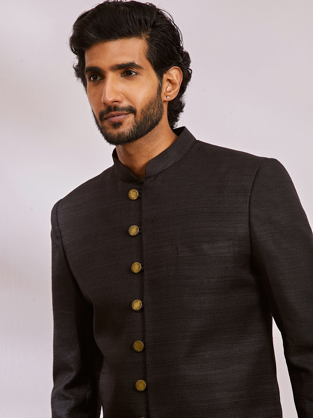 Men's Black  Silk Blend Sherwani Set