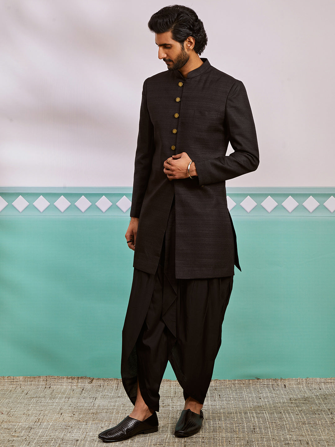 Men's Black  Silk Blend Sherwani Set