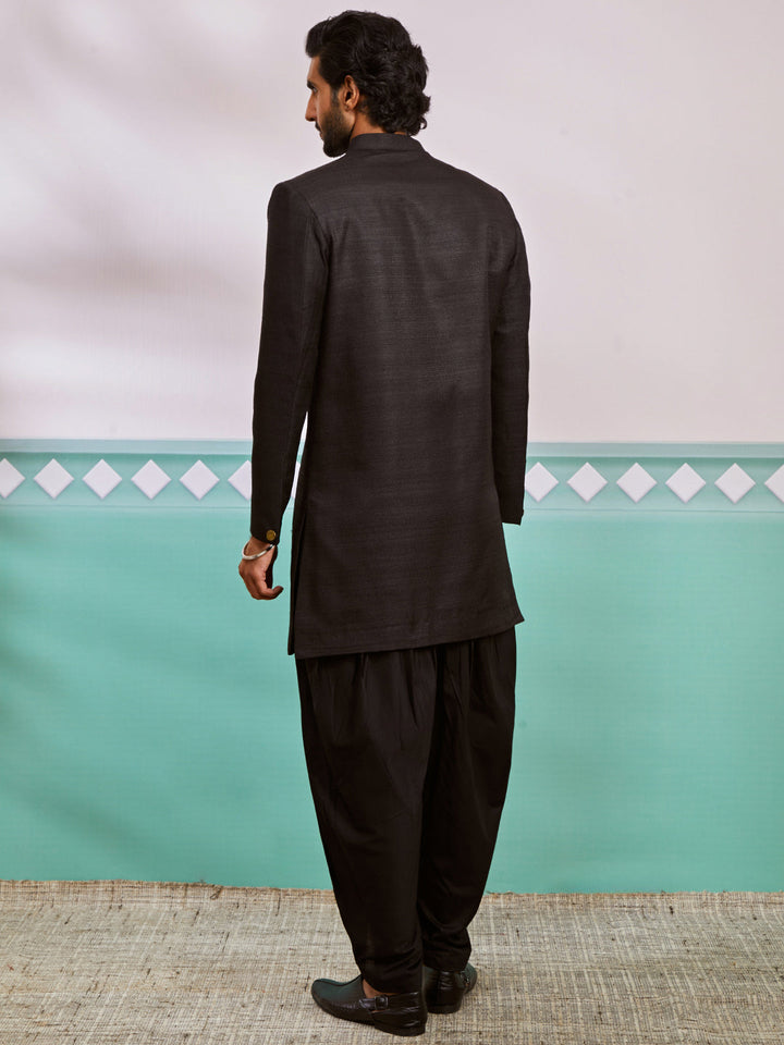 Men's Black  Silk Blend Sherwani Set