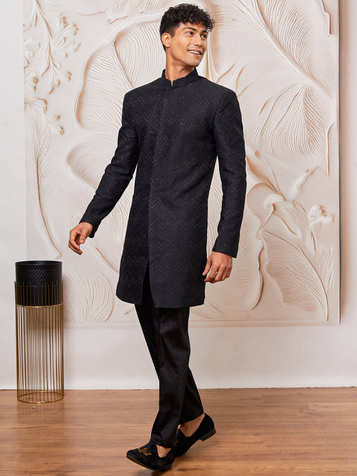 Men's Black Silk Blend Indowestern And Pant Set
