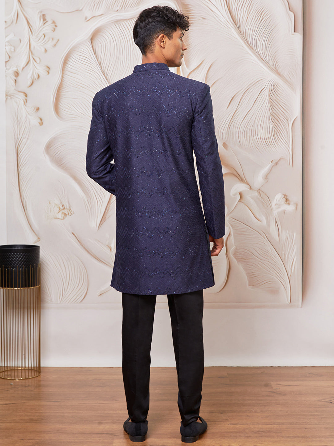 Men's Navy Blue Silk Blend Indowestern And Pant Set