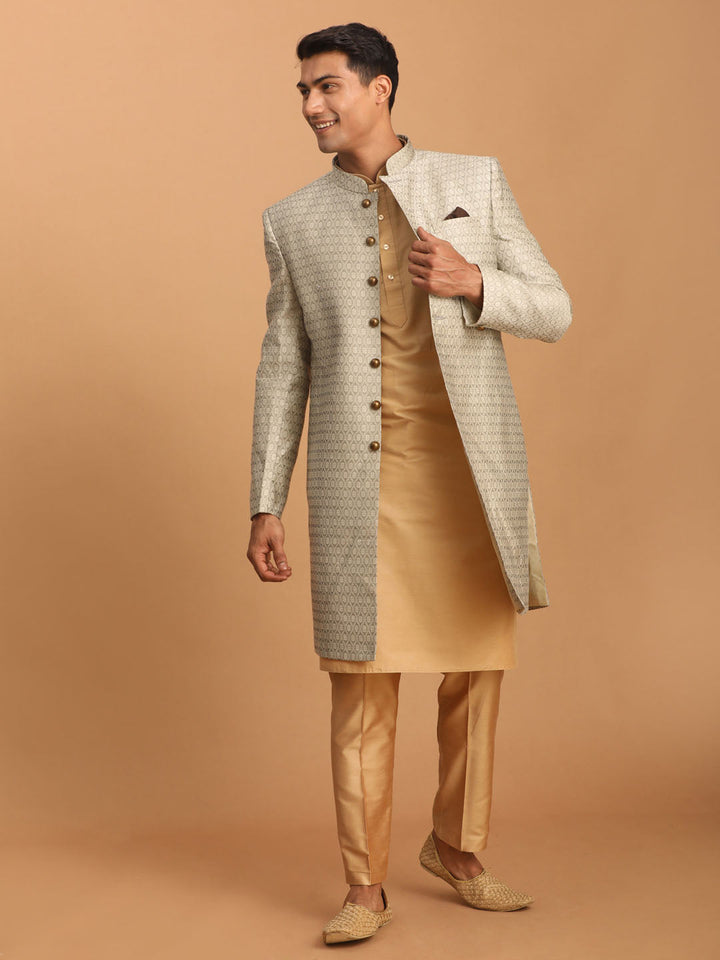 Men's Beige Silk Blend Sherwani With Rose Gold Kurta Pant Set