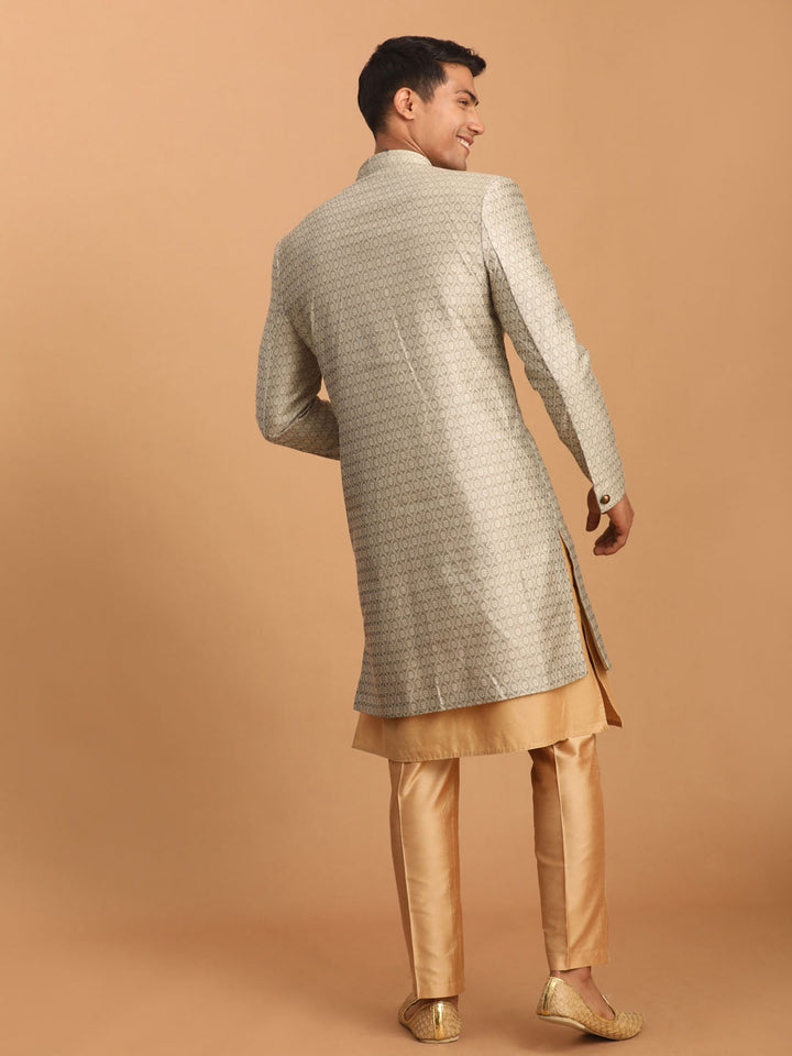 Men's Beige Silk Blend Sherwani With Rose Gold Kurta Pant Set