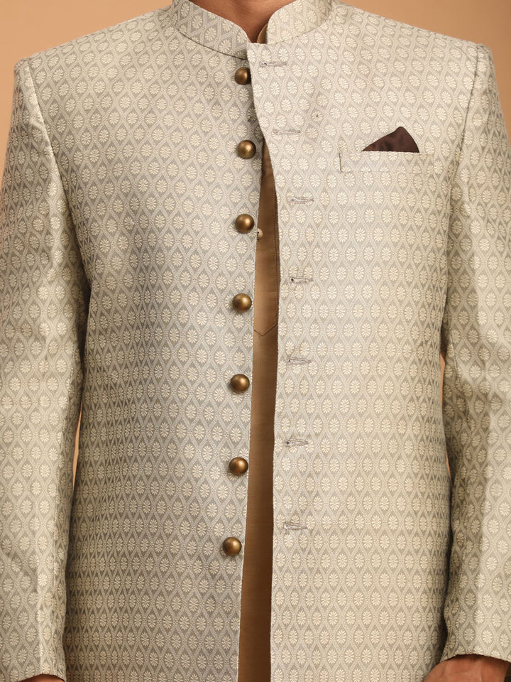 Men's Beige Silk Blend Sherwani With Rose Gold Kurta Pant Set
