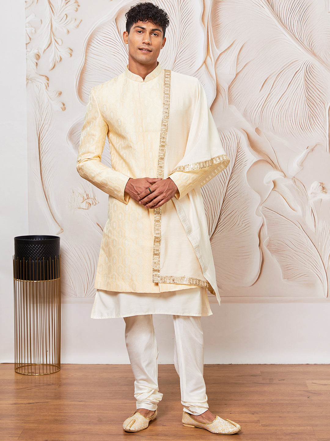 Men's Beige Silk Blend Indowestern, Kurta Pyjama And Dupatta Set