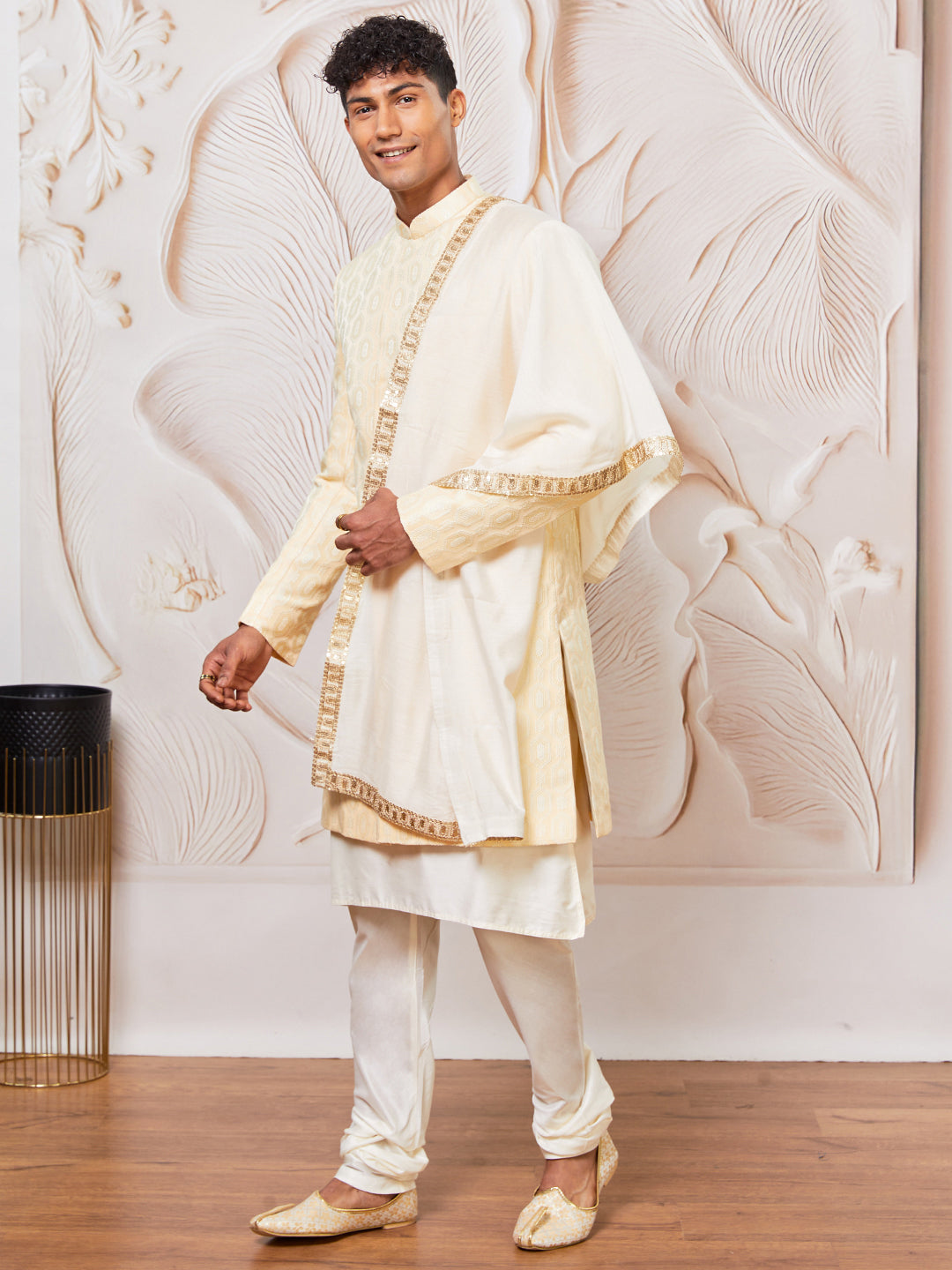 Men's Beige Silk Blend Indowestern, Kurta Pyjama And Dupatta Set