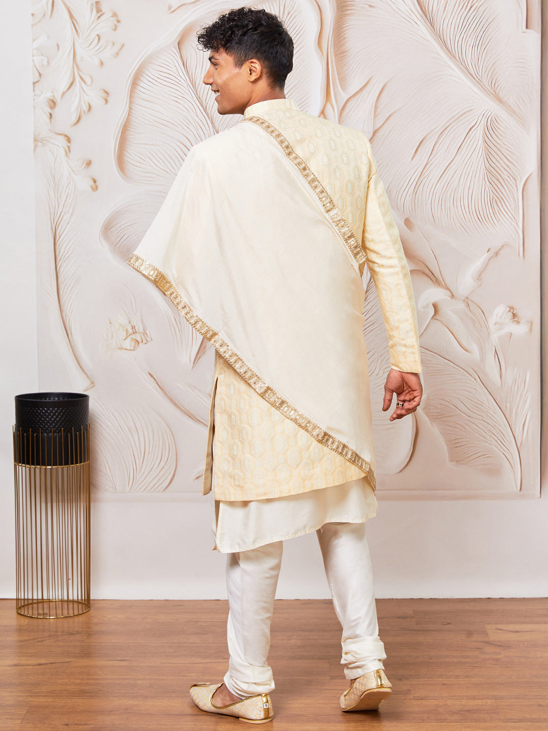 Men's Beige Silk Blend Indowestern, Kurta Pyjama And Dupatta Set